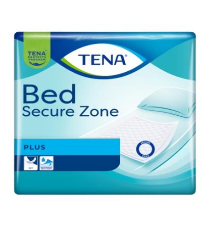 TENA Bed Secure Zone Plus protective bed pad packaging with blue and teal design and a bed illustration on the front