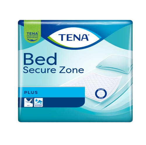 TENA Bed Secure Zone Plus protective bed pad packaging with blue and teal design and a bed illustration on the front