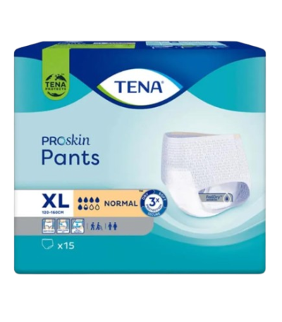 Packaging for TENA ProSkin Pants XL Normal incontinence underwear; shows a white absorbent pant and a 15-count label on a blue-green box.