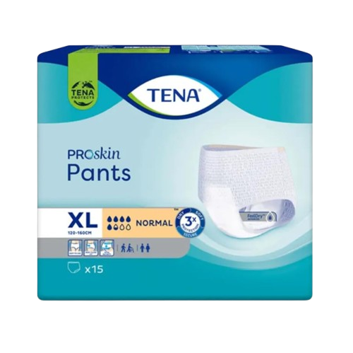 Packaging for TENA ProSkin Pants XL Normal incontinence underwear; shows a white absorbent pant and a 15-count label on a blue-green box.
