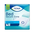 TENA Bed Secure Zone Plus Wings packaging showing a blue-and-white bed pad illustration.