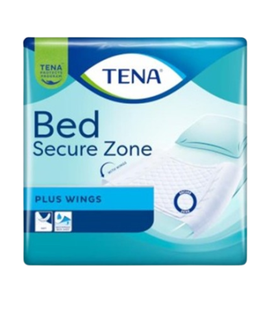 TENA Bed Secure Zone Plus Wings packaging showing a blue-and-white bed pad illustration.