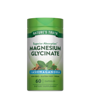Nature's Truth Magnesium Glycinate bottle, green label with Ashwagandha, 60 capsules dietary supplement