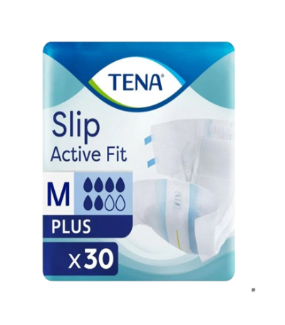 Package of TENA Slip Active Fit M Plus disposable incontinence briefs, 30-count