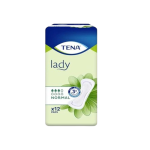 TENA Lady normal pads packaging, showing a sanitary pad with green leaves and '12 pads' text.