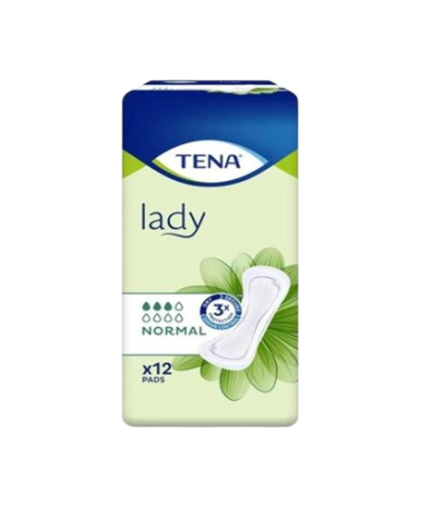 TENA Lady normal pads packaging, showing a sanitary pad with green leaves and '12 pads' text.