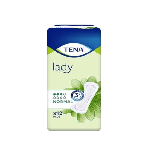 TENA Lady normal pads packaging, showing a sanitary pad with green leaves and '12 pads' text.