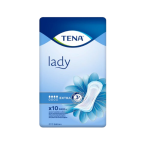 Front of TENA Lady Extra incontinence pads packaging, showing blue floral design and 'lady' branding, contains 10 pads (OTC Edition).
