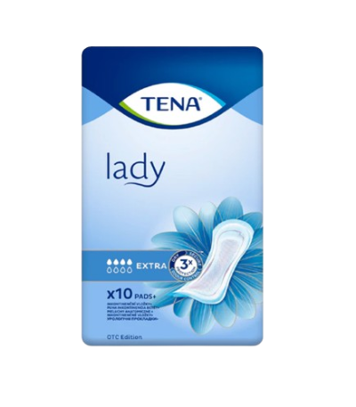 Front of TENA Lady Extra incontinence pads packaging, showing blue floral design and 'lady' branding, contains 10 pads (OTC Edition).