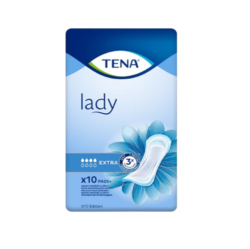 Front of TENA Lady Extra incontinence pads packaging, showing blue floral design and 'lady' branding, contains 10 pads (OTC Edition).