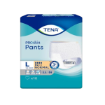 TENA ProSkin Pants pack, size L (100–135 cm), normal absorbency, 10 pull-up adult diapers in blue packaging.