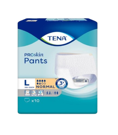 TENA ProSkin Pants pack, size L (100–135 cm), normal absorbency, 10 pull-up adult diapers in blue packaging.