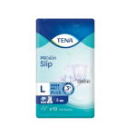 Package for TENA ProSkin Slip L Plus incontinence pads, blue-teal design, showing ten pads (x10) on the box