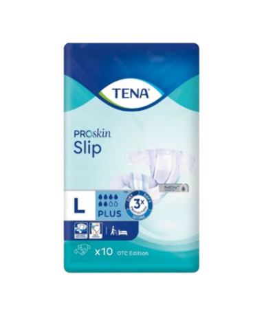 Package for TENA ProSkin Slip L Plus incontinence pads, blue-teal design, showing ten pads (x10) on the box