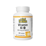 Bottle of Natural Factors Vitamin K+D supplement with 60 softgels, label shows 120 mcg & 1000 IU per dose (K+D).