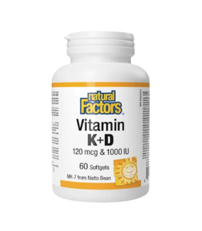 Bottle of Natural Factors Vitamin K+D supplement with 60 softgels, label shows 120 mcg & 1000 IU per dose (K+D).