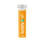Orange bottle labeled Actilife with 20 effervescent vitamin C tablets, orange-tinted liquid inside.