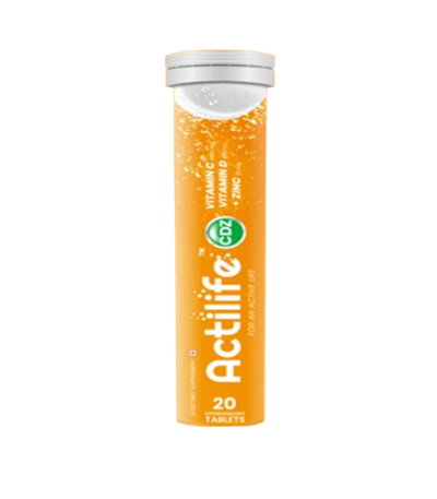 Orange bottle labeled Actilife with 20 effervescent vitamin C tablets, orange-tinted liquid inside.