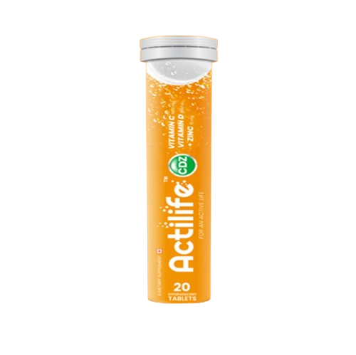 actilife_cdz Orange bottle labeled Actilife with 20 effervescent vitamin C tablets, orange-tinted liquid inside.