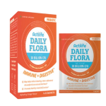 Orange probiotic box and pouch labeled Actilife Daily Flora, 30 billion CFU, Immune + Digestive, packaging design.