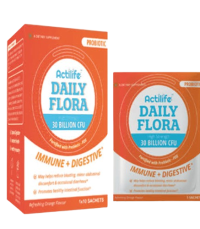 Orange probiotic box and pouch labeled Actilife Daily Flora, 30 billion CFU, Immune + Digestive, packaging design.