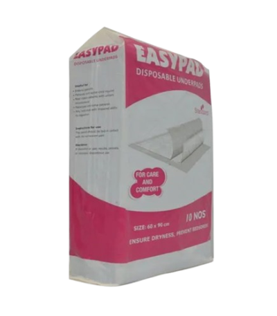 Box of EasyPad disposable underpads, pink-and-white packaging, standing upright with product image and branding visible.