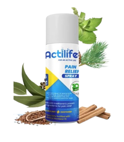 Actilife Pain Relief Spray bottle with herbal leaves and cinnamon sticks, indicating natural pain relief ingredients