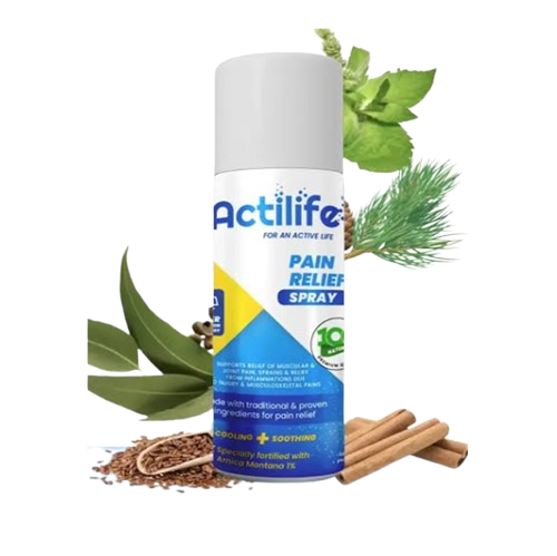 pain_relief- Actilife Pain Relief Spray bottle with herbal leaves and cinnamon sticks, indicating natural pain relief ingredients