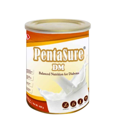 Can of PentaSure DM balanced nutrition for diabetes with an orange and white label.