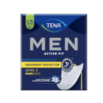 TENA MEN Active Fit absorbent protector, Level 2 product packaging shown against a dark blue box design