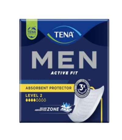 TENA MEN Active Fit absorbent protector, Level 2 product packaging shown against a dark blue box design