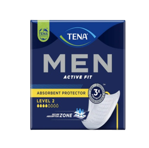 TENA MEN Active Fit absorbent protector, Level 2 product packaging shown against a dark blue box design